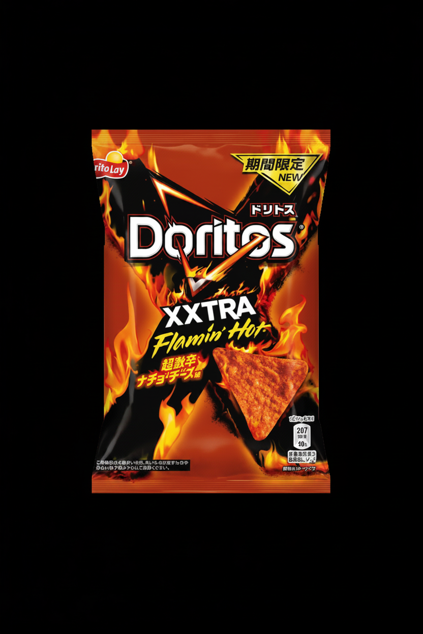 A bag of Doritos Xxtra Flamin' Hot tortilla chips centered on a black background with a white border. The packaging is predominantly fiery orange and red with black flame graphics, featuring the Doritos logo and a chip illustration.