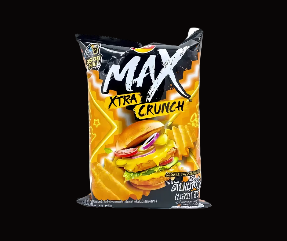 A bag of Max Xtra Crunch seasoned wheat-flavored potato chips, featuring a black and orange design with a graphic of a cheeseburger on the front.