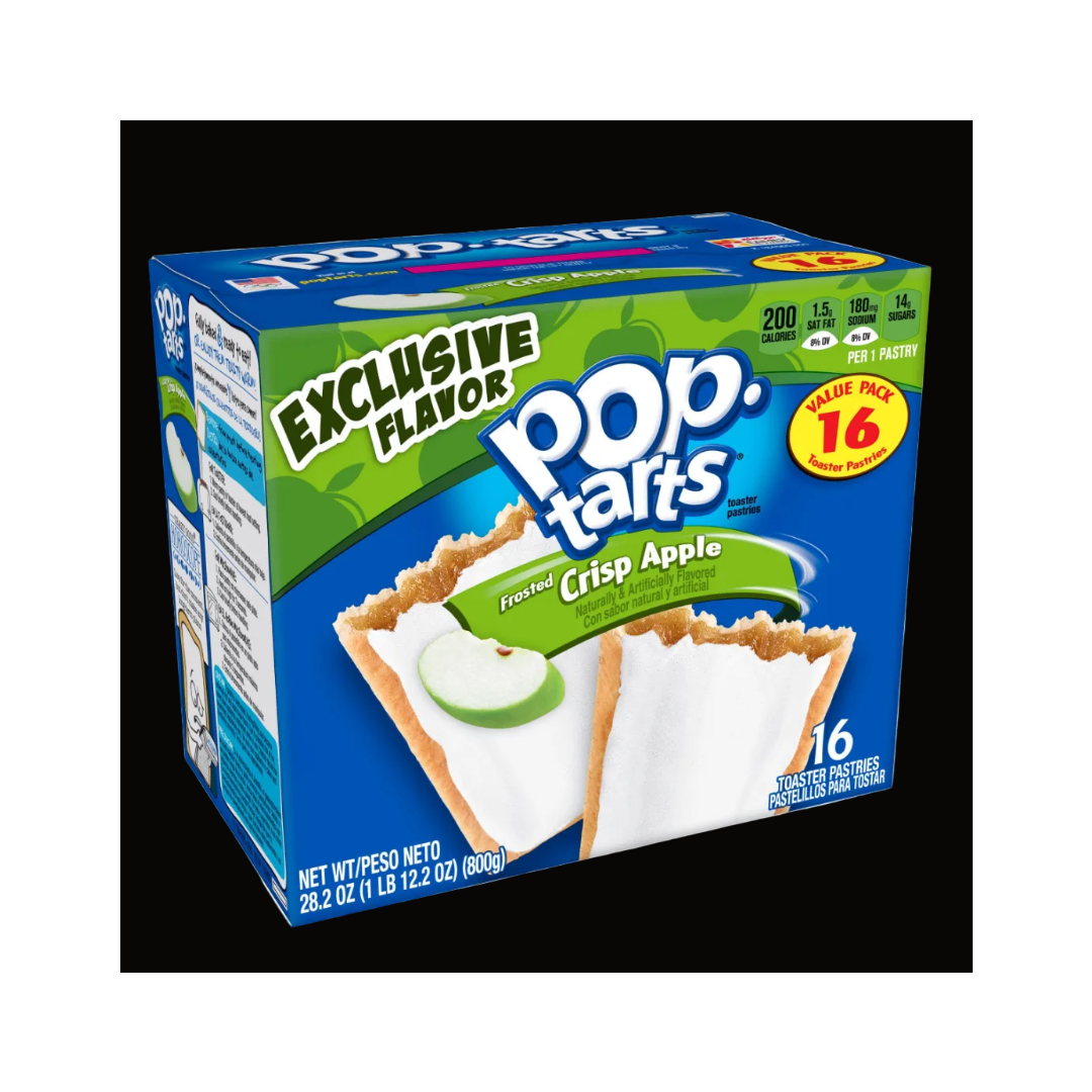 A box of Pop-Tarts Exclusive Flavor Frosted Crisp Apple toaster pastries, showing a blue and green packaging design with an image of two apple-flavored toaster pastries on the front.