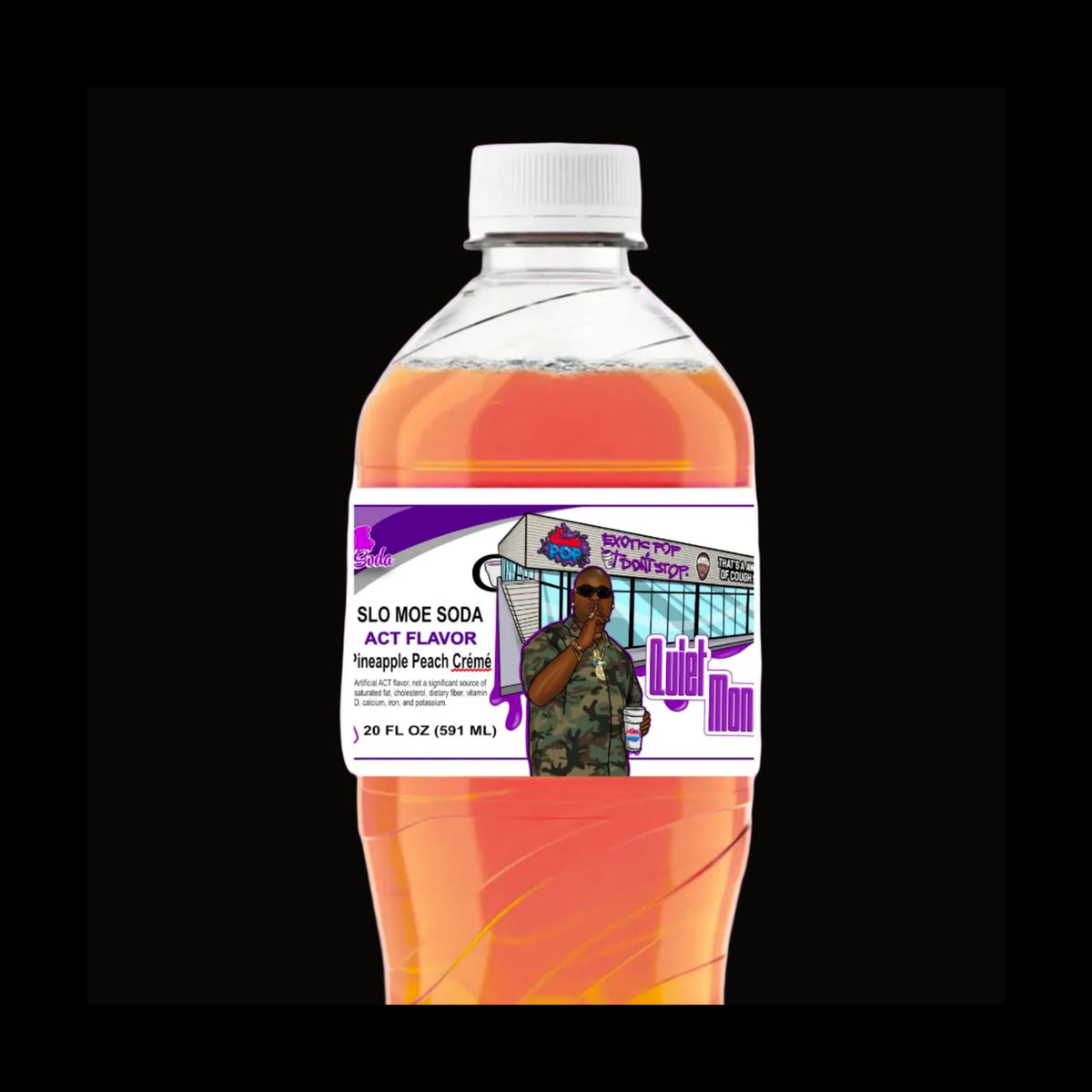Orange soda bottle with a colorful label on a white background