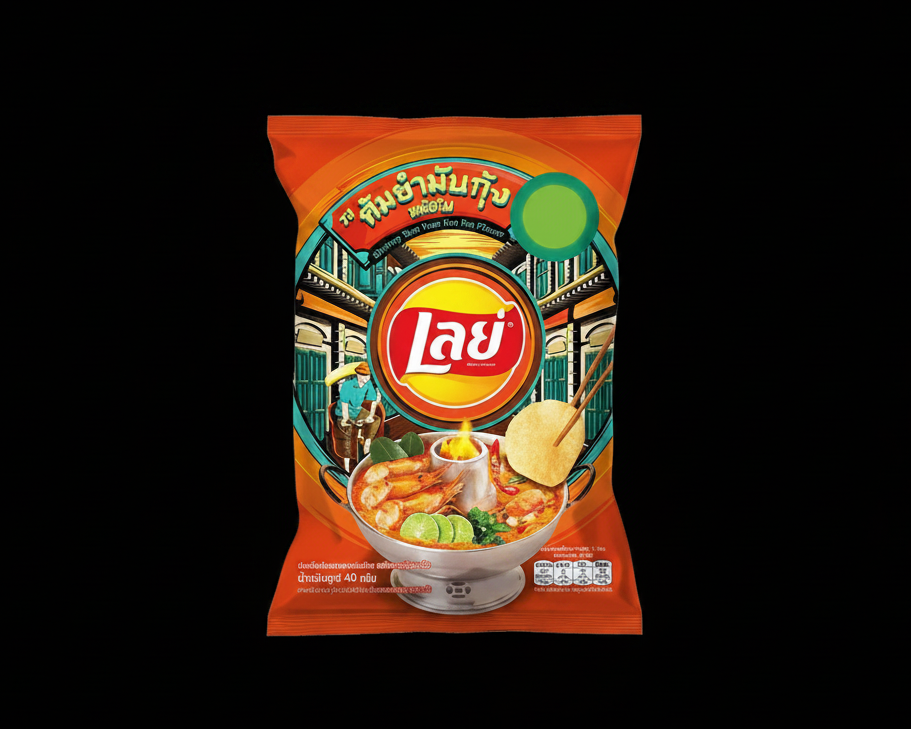 A bag of Lay's Thai Snacks, featuring the classic orange packaging with a colorful illustration of a bowl of shrimp and green onions, set against a solid black background.