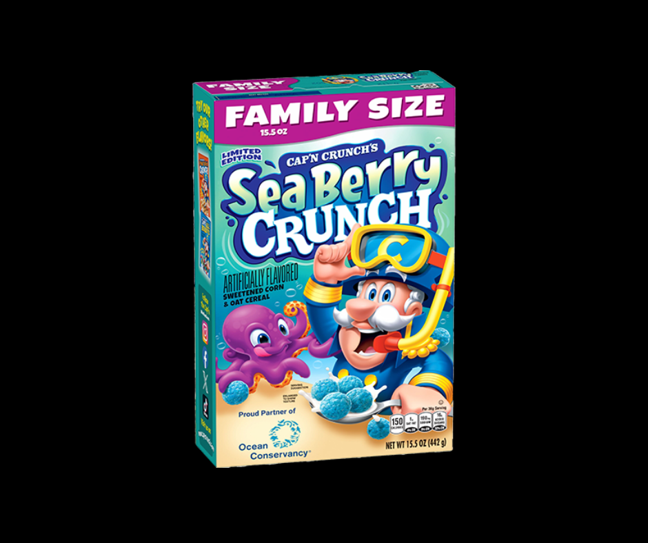 A box of Cap'n Crunch's Sea Berry Crunch cereal, Family Size (15.5 oz), shown against a solid black background.