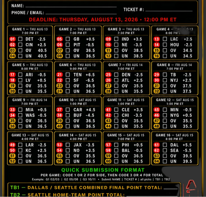 KOAK Exotics Pool — 2026 NFL Preseason Week 1