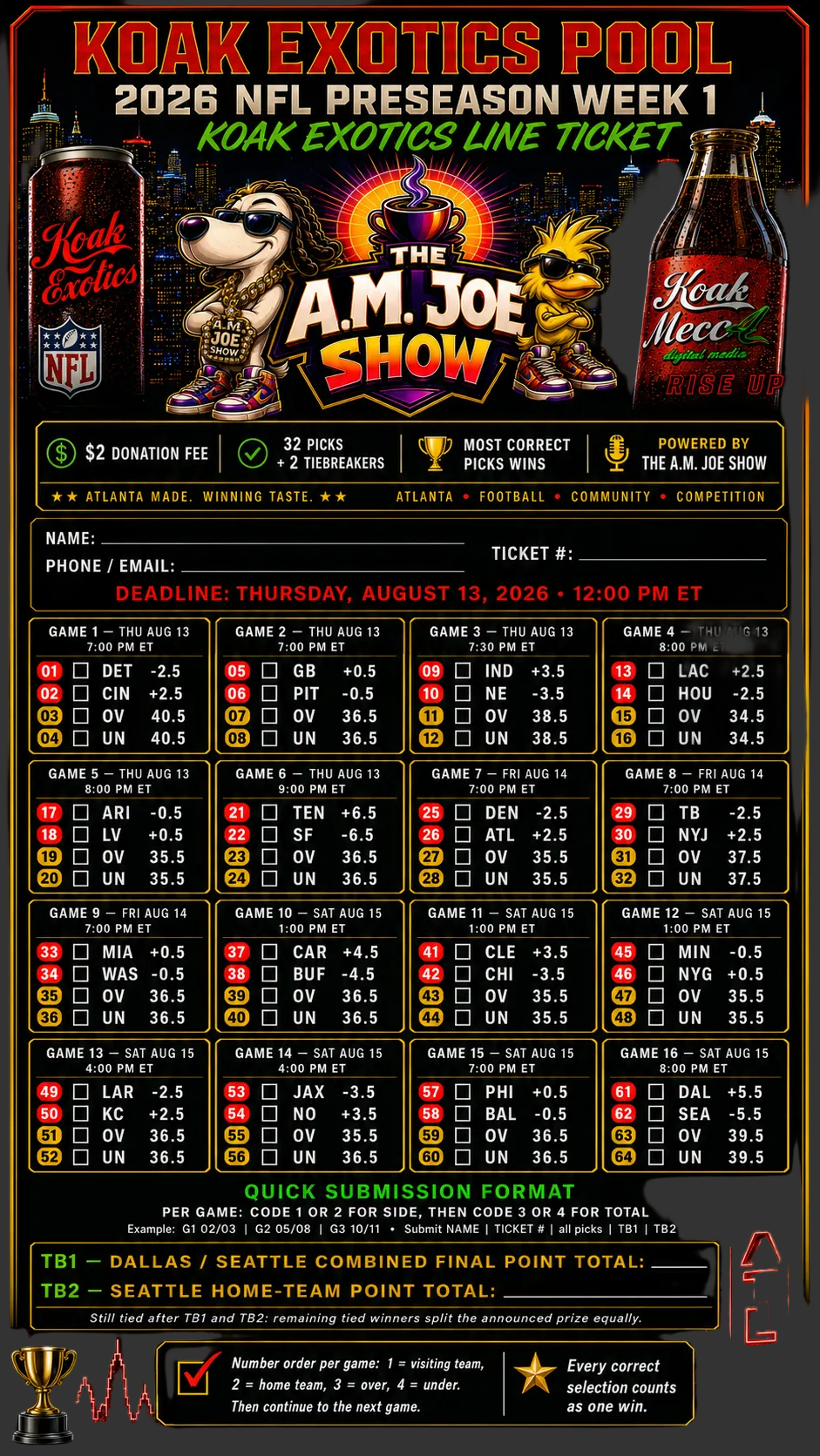 KOAK Exotics Pool — 2026 NFL Preseason Week 1
