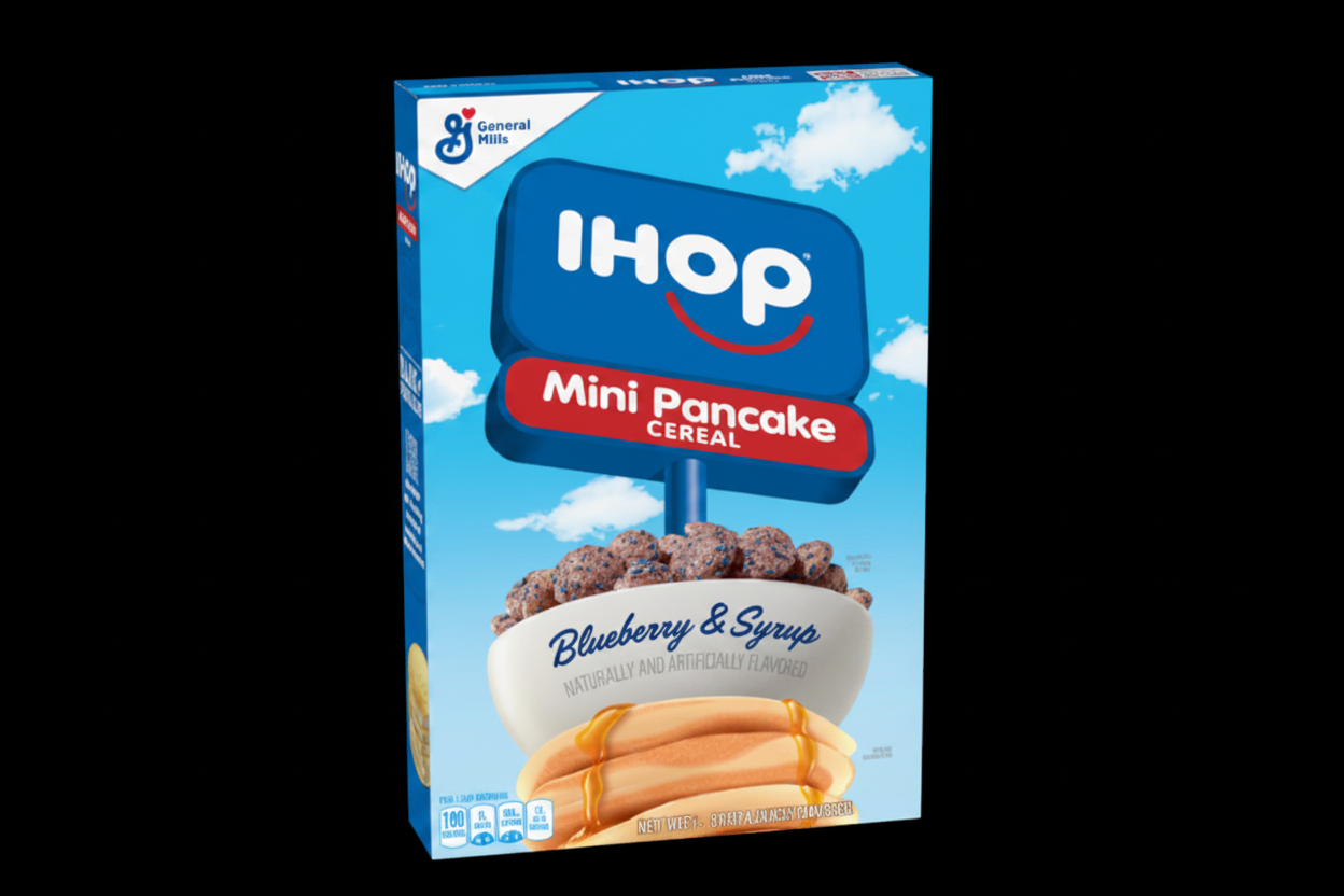 A box of IHOP Mini Pancake Cereal, Blueberry & Syrup flavor, shown against a solid black background. The packaging features the signature blue IHOP logo with white clouds and a bowl of pancakes with syrup.