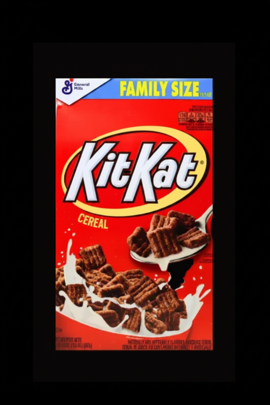 A box of KitKat Cereal, Family Size, shown against a solid black background. The packaging is predominantly red with the KitKat logo in white and yellow, and an illustration of chocolate-covered cereal bars in milk.