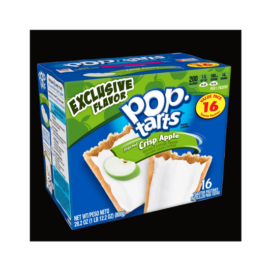 A box of Pop-Tarts Exclusive Flavor Frosted Crisp Apple toaster pastries, showing a blue and green packaging design with an image of two apple-flavored toaster pastries on the front.