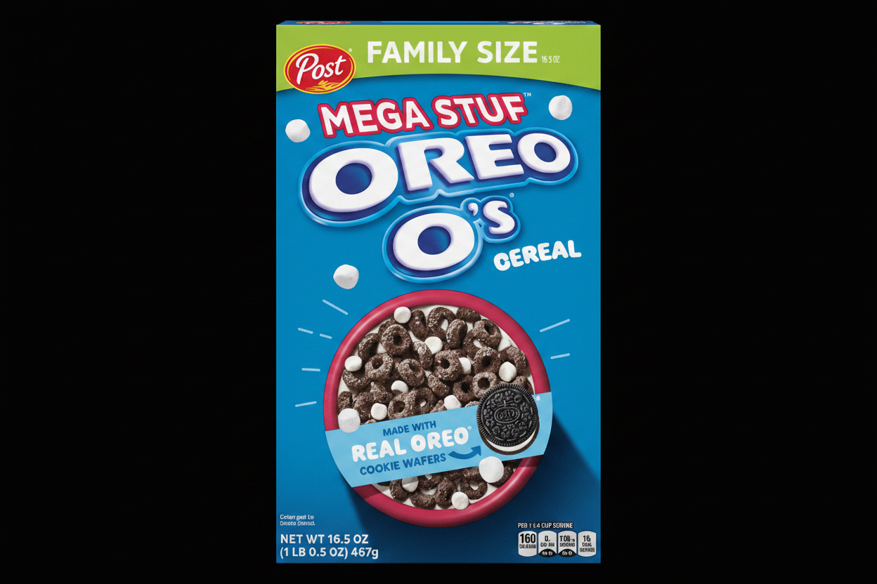 A box of Post Family Size Mega Stuf Oreo O's Cereal, featuring a blue background with a bowl of chocolate-covered cereal pieces and a single Oreo cookie, shown on a black background.