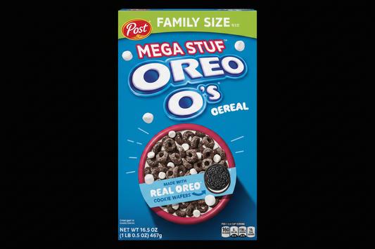 A box of Post Family Size Mega Stuf Oreo O's Cereal, featuring a blue background with a bowl of chocolate-covered cereal pieces and a single Oreo cookie, shown on a black background.