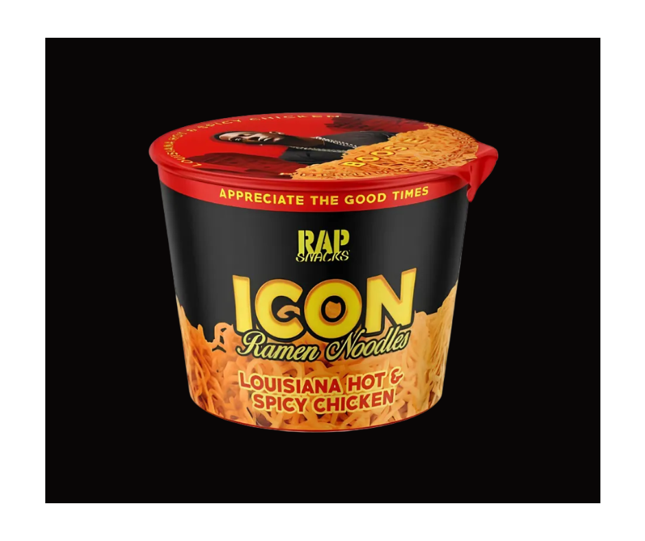 A cup of Rap Snacks Icon Ramen Noodles in the Louisiana Hot & Spicy Chicken flavor, shown in its black and red packaging with yellow and orange text and food imagery.