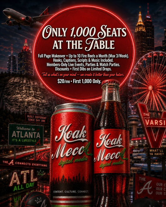 Promotional graphic for 'Coak Meck digital media' featuring two red beverage cans and a matching red glass bottle with white script logos, set against a dark city skyline at night with neon signs, a ferris wheel, and a plane overhead. Large text reads 'Only 1,000 Seats at the Table' with pricing details.