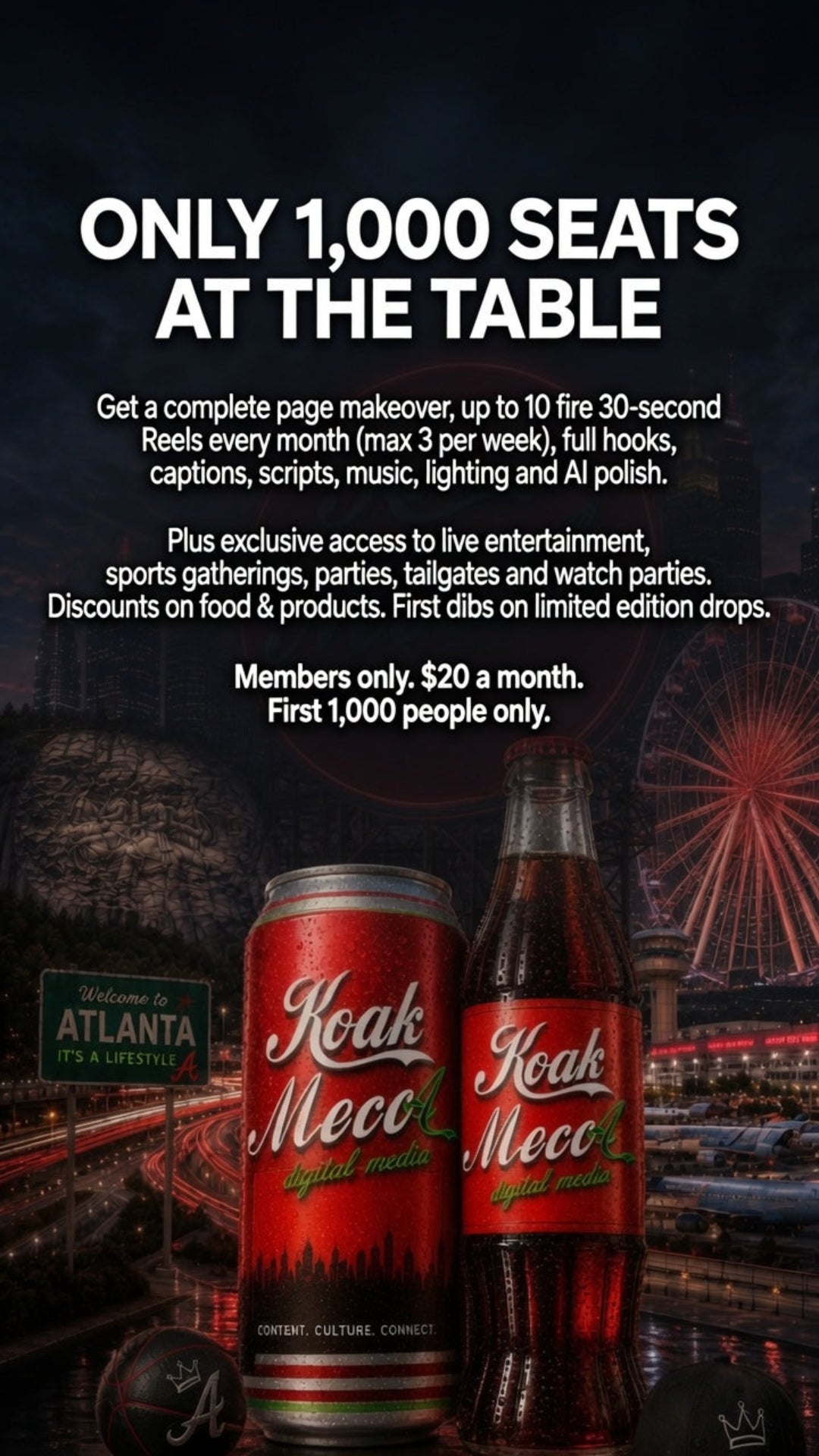 Promotional graphic for a limited-edition beverage product, showing a red can and a dark glass bottle labeled 'Coak Meco' in front of a nighttime city scene with a Ferris wheel and stadium lights. Large white text at the top reads 'ONLY 1,000 SEATS AT THE TABLE' with additional promotional copy below.