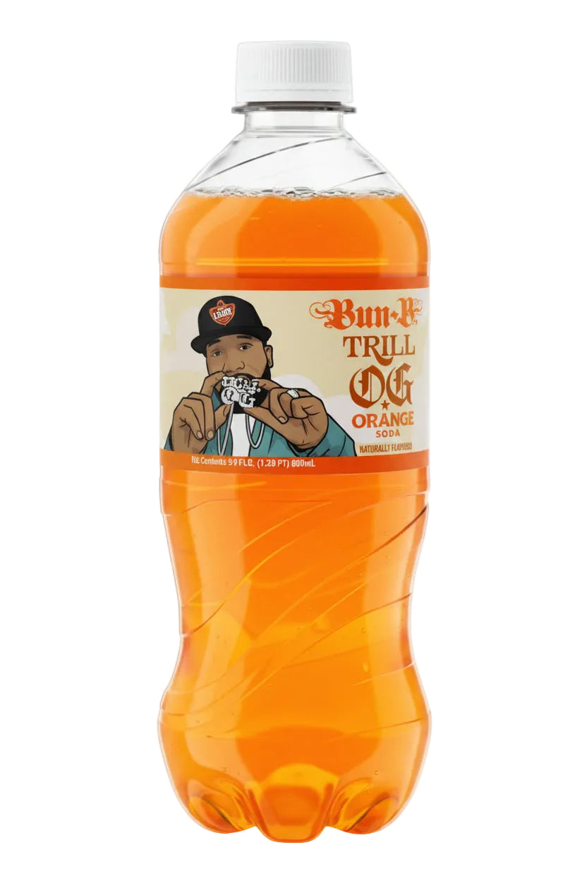 A bottle of Bun-N-Trill Orange soda on a plain white background. The clear plastic bottle is filled with bright orange liquid and has a white cap.